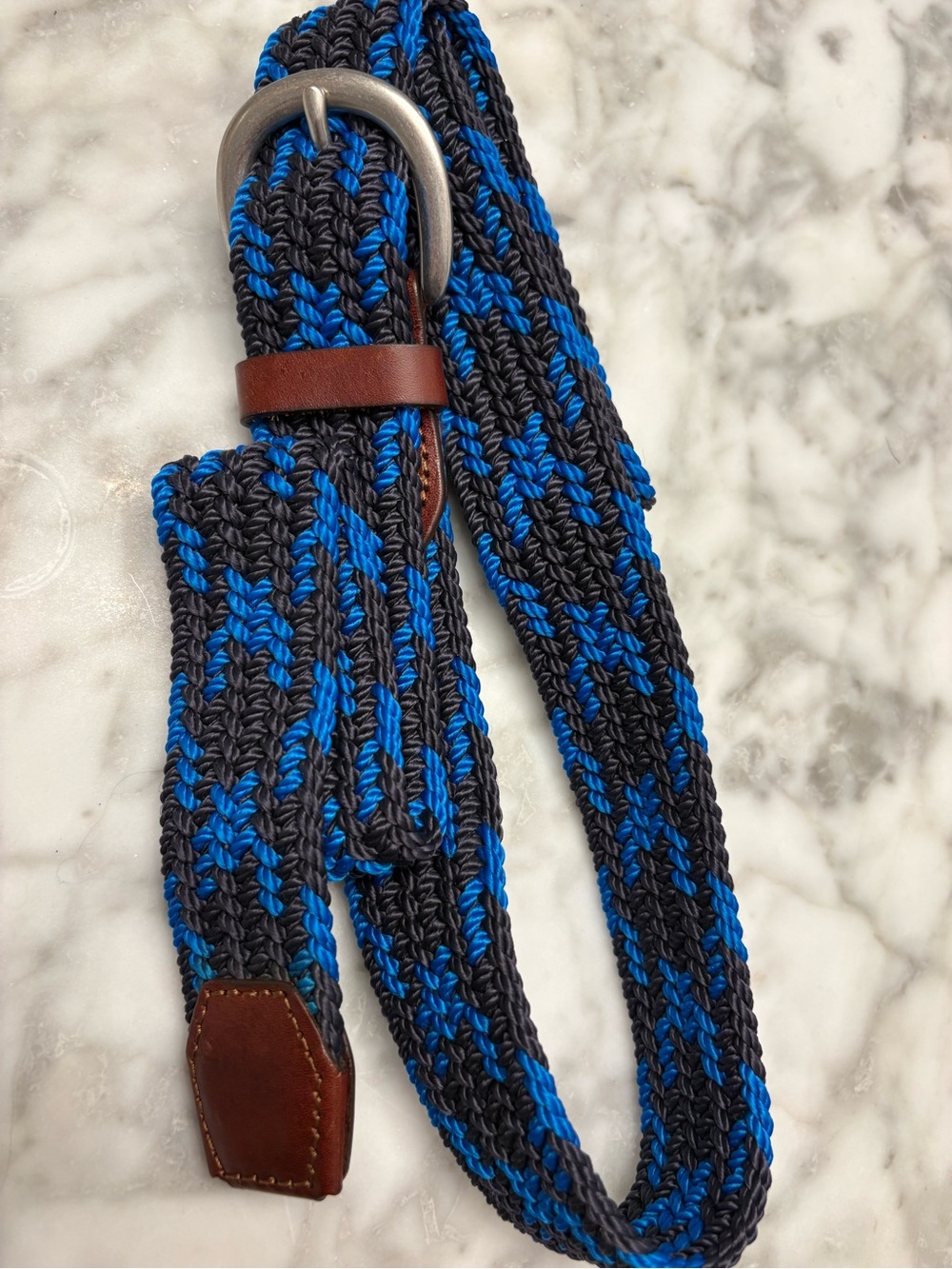 J.Crew Braided Woven Belt Blue Black Leather Trim L/XL Nautical Preppy